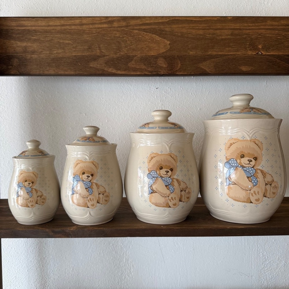 Vintage Tienshan Stoneware Theodore Country Bear Canister Set 4 Pc Kitchen